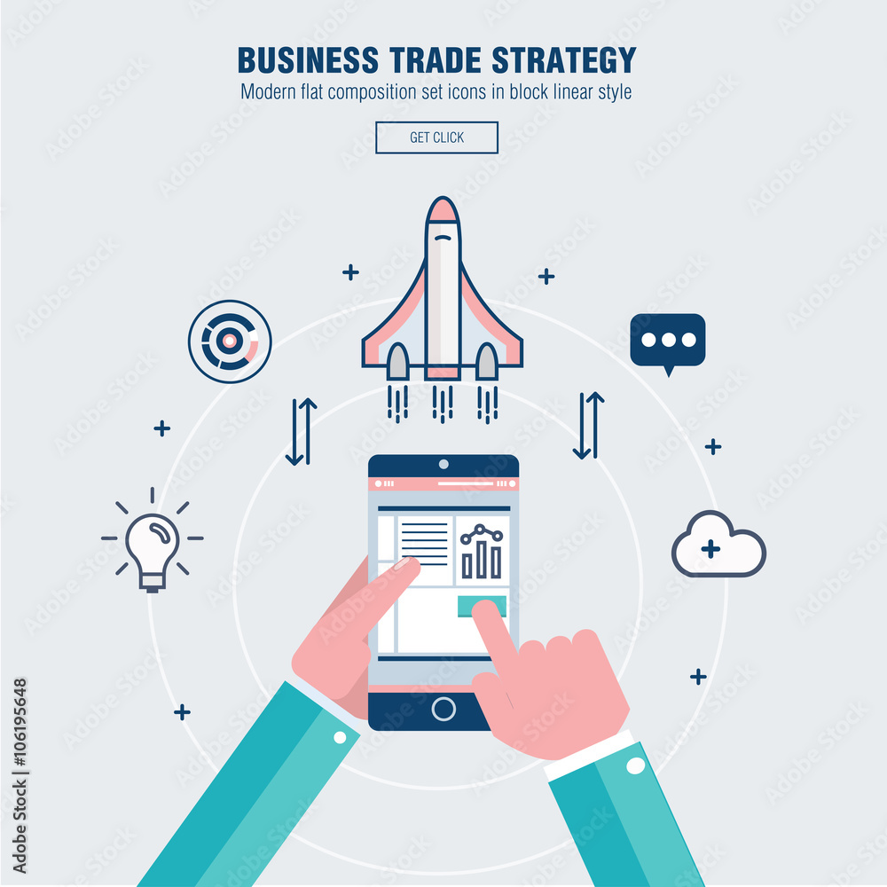 Poster modern block line flat business trade strategy with information and mobile technologies graph icons 