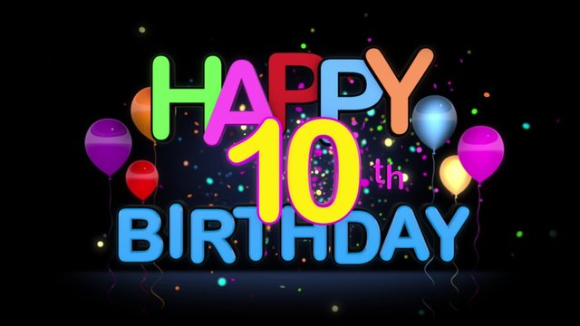 Happy 10th Birthday Title seamless looping Animation for Presentation with dark Background.