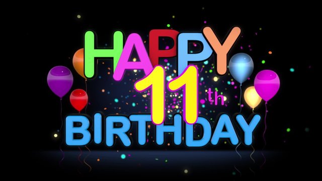 Happy 11th Birthday Title seamless looping Animation for Presentation with dark Background.