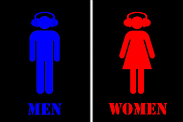 Toilet sign - men, women with headphones