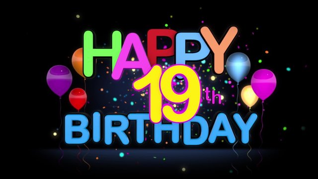 Happy 19th Birthday Title seamless looping Animation for Presentation with dark Background.