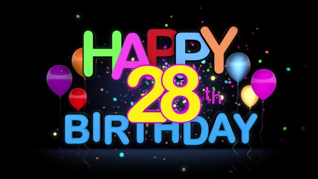 Happy 28th Birthday Title seamless looping Animation for Presentation with dark Background.
