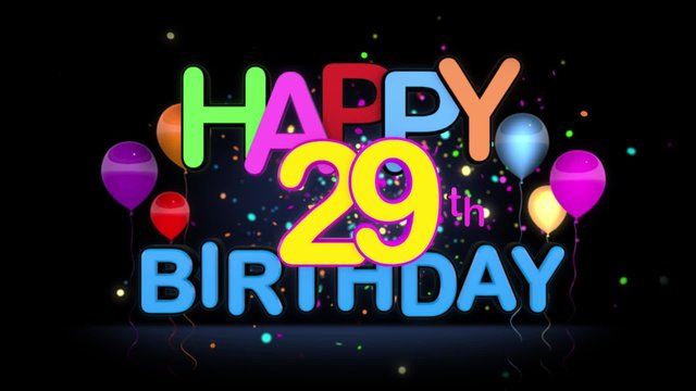 Happy 29th Birthday Title seamless looping Animation for Presentation with dark Background.