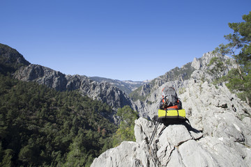 Backpack standing on top of a mountain.