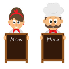 cartoon woman and man chef with menu board