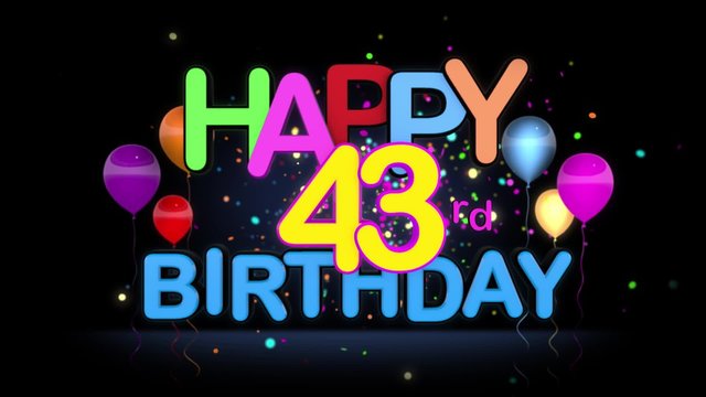 Happy 43rd Birthday Title seamless looping Animation for Presentation with dark Background.