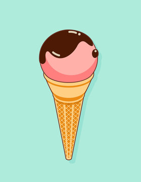 Colorful tasty isolated ice cream at a turquoise background. Crunchy wafer cone filled with a scoop of pink ice cream with chocolate topping. Vector Illustration.