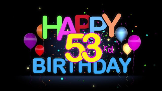 Happy 53rd Birthday Title seamless looping Animation for Presentation with dark Background.