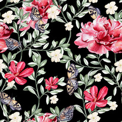 Fototapety  Wzór z akwarela realistyczna chińska róża, piwonia i motyle.
