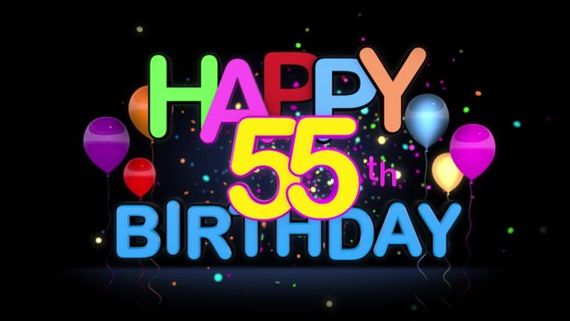 Happy 55th Birthday Title seamless looping Animation for Presentation with dark Background.
