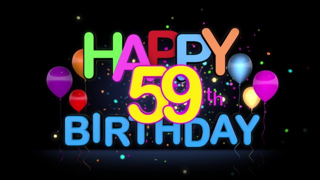 Happy 59th Birthday Title seamless looping Animation for Presentation with dark Background.