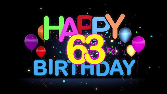 Happy 63rd Birthday Title seamless looping Animation for Presentation with dark Background.