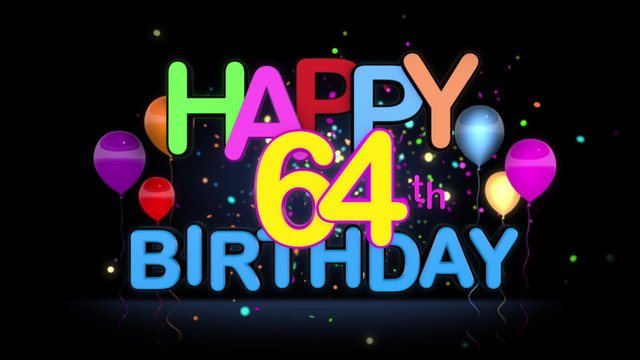Happy 64th Birthday Title seamless looping Animation for Presentation with dark Background.