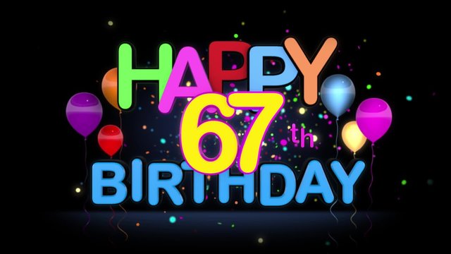 Happy 67th Birthday Title seamless looping Animation for Presentation with dark Background.