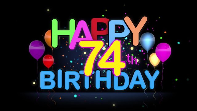 Happy 74th Birthday Title seamless looping Animation for Presentation with dark Background.