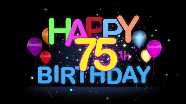 Happy 75th Birthday Title seamless looping Animation for Presentation with dark Background.