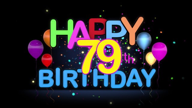 Happy 79th Birthday Title seamless looping Animation for Presentation with dark Background.
