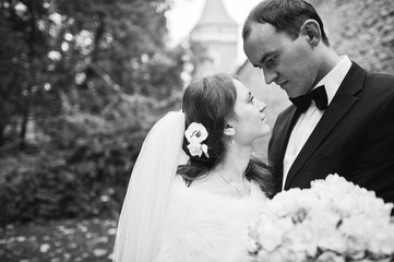 Just married in autumn park