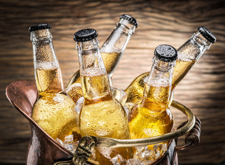 Cold bottles of beer in the brazen bucket.