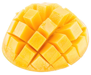 Slices of mango fruit over white. File contains clipping paths.