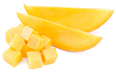 Mango cubes and slices. Isolated on a white background.