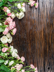 Delicate fresh roses on the wooden background.