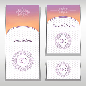 Set of wedding invitation templates with elegant ornament elements. Wedding invitation templates with wedding rings and flourishes calligraphic pattern in classic style.