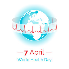 Vector illustration. Poster for 7 April, World Health Day. The Earth in blue and white colors on a white background. Globe and normal cardiogram as a concept for World Health Day. Healthy planet.