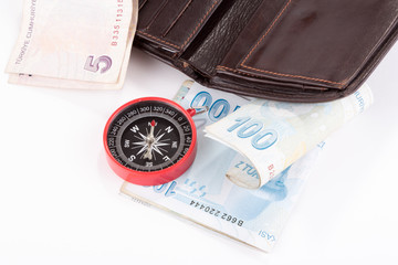 compass,money and wallet