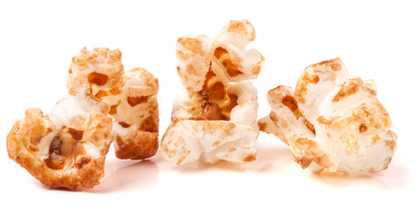 macro shot of popcorn on white background