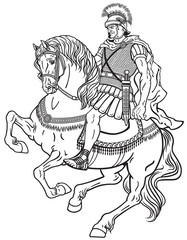 Fototapeta na wymiar roman warrior riding the horse. Black and white illustration