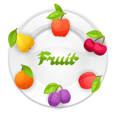 Background design with plate and stylized fresh ripe fruits