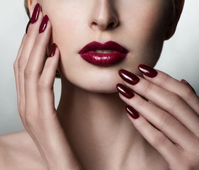 Beauty Woman. Professional Makeup. Burgundy red Lipstick. Beauty