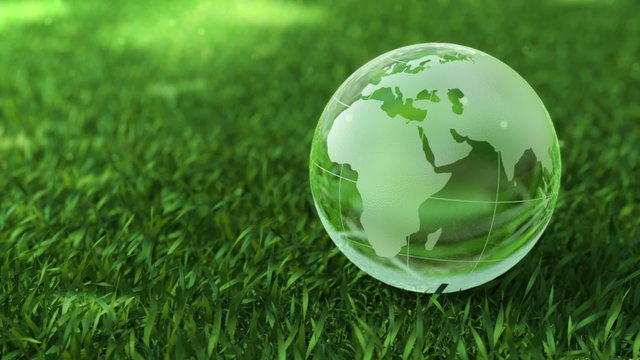 Ecology environment concept, glass globe in the green grass