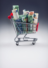 Shopping trolley full of euro money - banknotes - currency. Symbolic example of spending money in shops, or advantageous purchase in the shopping center.