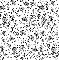 print, seamless pattern of dandelion fluff. Vector background. Monochrome ornament.
