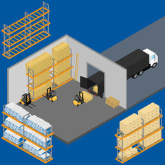 Vector illustration. warehouse inside. Boxes, bags on the shelves for storage. The forklift loads boxes into a truck in the warehouse. Infographics, isometric.