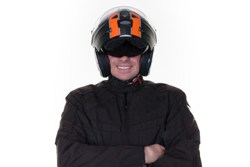 Portrait of confident man wearing  jacket and helmet against white  background.