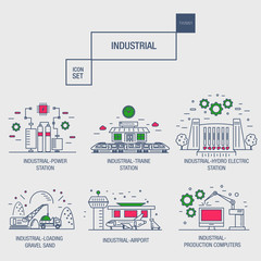 big industrial icon set with design elements gas, olive, clean, tower, hydro, train, airport, sorting, gravel in realistic thin linear style