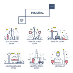 big industrial icon set with design elements gas, olive, clean, tower, hydro, train, airport, sorting, gravel in realistic thin linear style