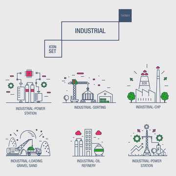 big industrial icon set with design elements gas, olive, clean, tower, hydro, train, airport, sorting, gravel in realistic thin linear style