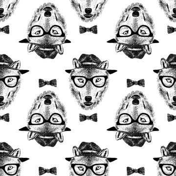 seamless pattern dressed up wolf