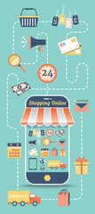 Shopping online with flat icon in retro style