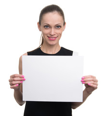 Fototapeta premium Business woman holding white blank card.