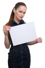 Fototapeta premium woman holding a blank placard. Isolated