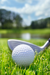 Fototapety  Kij golfowy i piłka w trawie