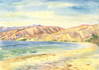 sea, beach, mountains. Landscape. Watercolor painting 