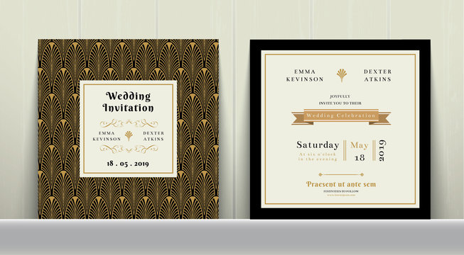 Art Deco Wedding Invitation Card in Gold and Black Colour