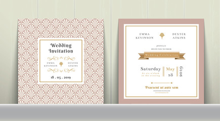 Art Deco Wedding Invitation Card in Gold and Pink