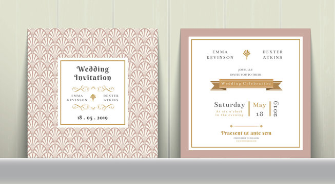 Art Deco Wedding Invitation Card in Gold and Pink